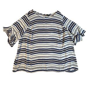 Liz Claiborne Woman 3X Blue White Striped Blouse Ruffle Sleeves coastal Nautical